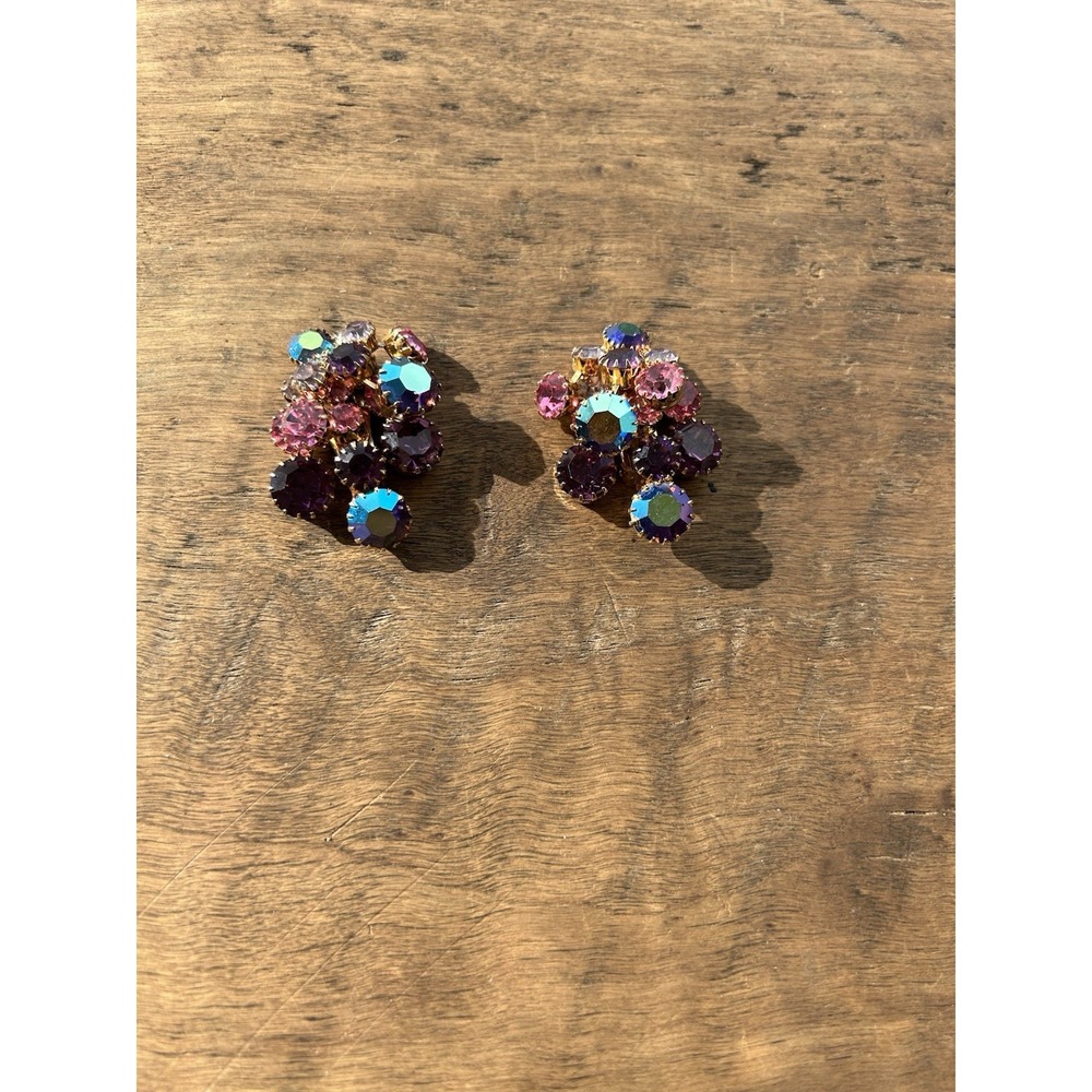 Vintage Aurora Borealis Rhinestone Clip On Earrings Purple Pink AB Cluster 1.5"